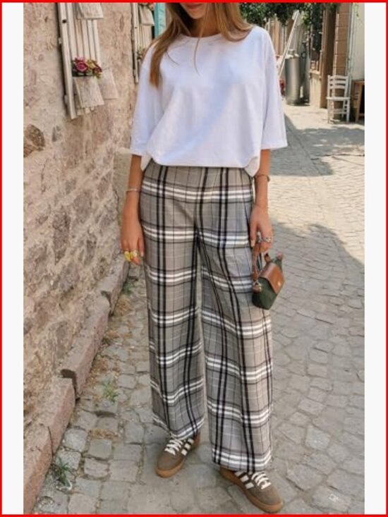 Wide Leg Palazzo Pants Elastic Waist High Rise Casual Trousers with Pockets - Picture 2 of 6